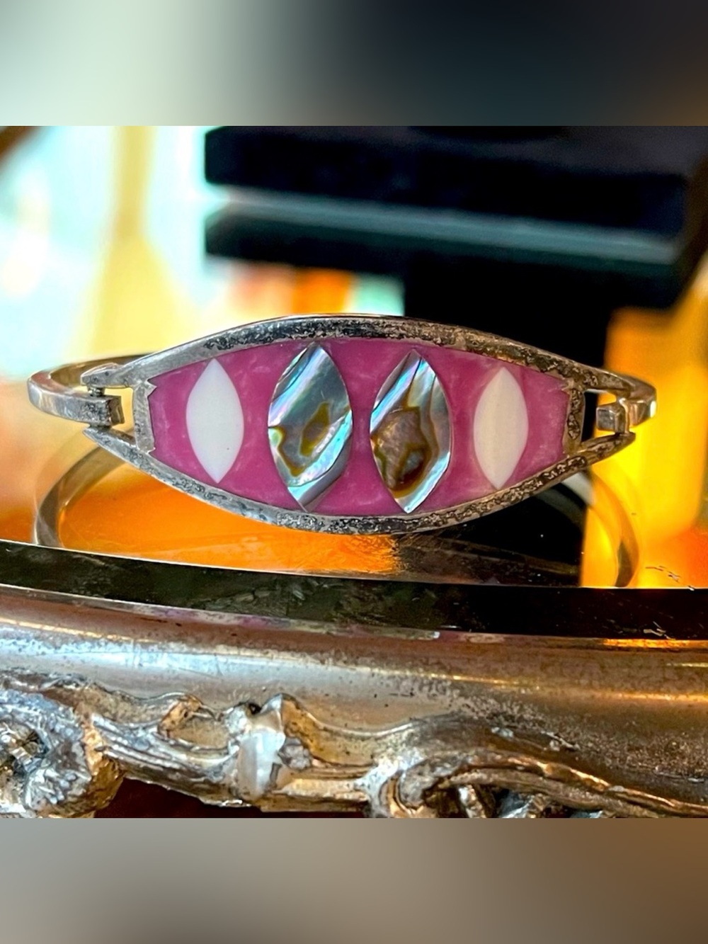 Vintage Signed Alpaca Mexico Enamel & Abalone Cuff Bracelet